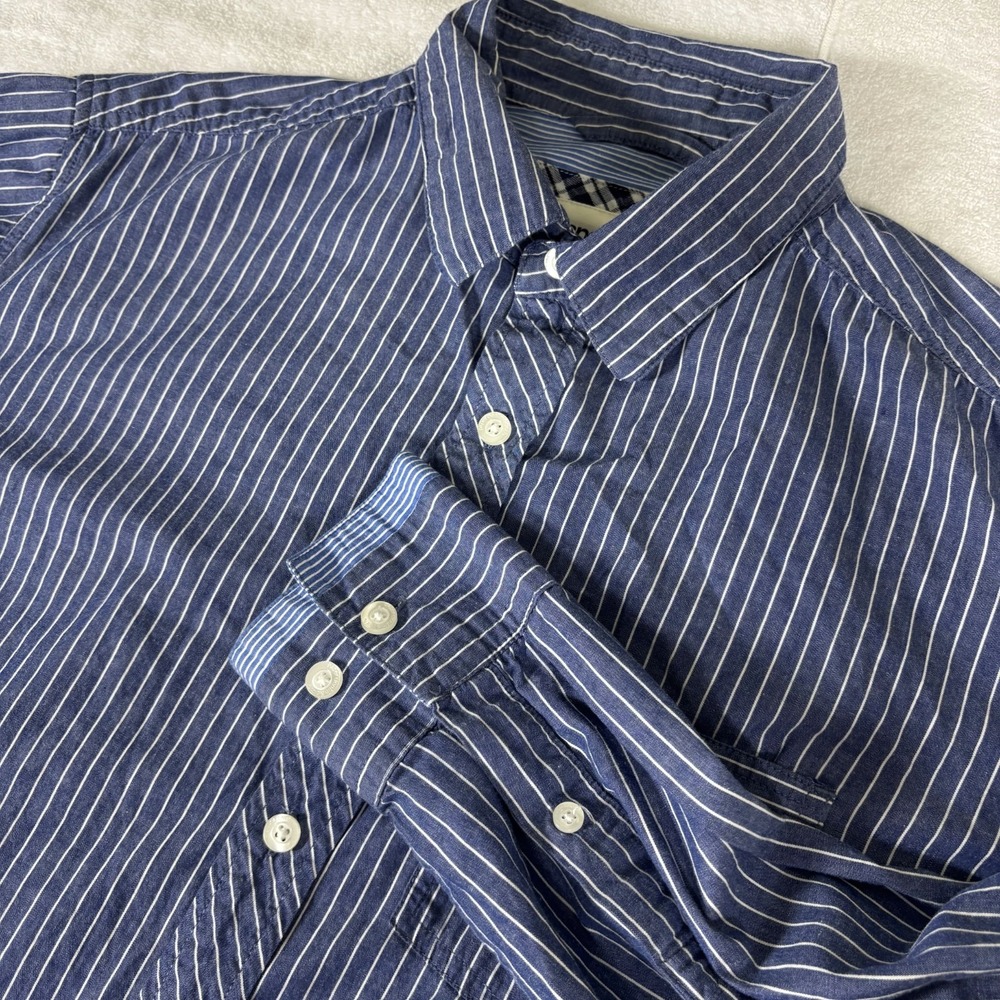 Paper Denim & Cloth‎ Shirt Mens L Blue Striped Cotton Roll Tab Sleeve Button Up